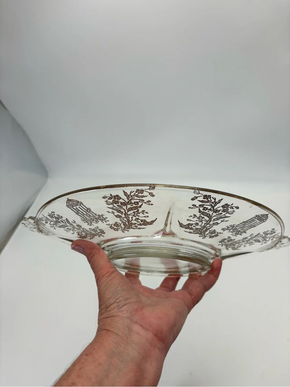 Vintage 1930s Paden Glass Serving Platter with Golden Gilt Decorations